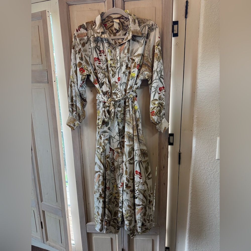 H&M Cream Botanical Print Long Sleeve Shirt Dress